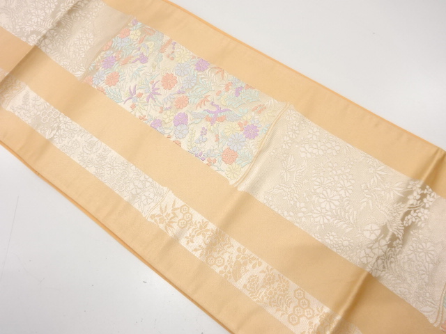 JAPANESE KIMONO / ANTIQUE FUKURO OBI / SILK / WOVEN CRANE & FLOWER